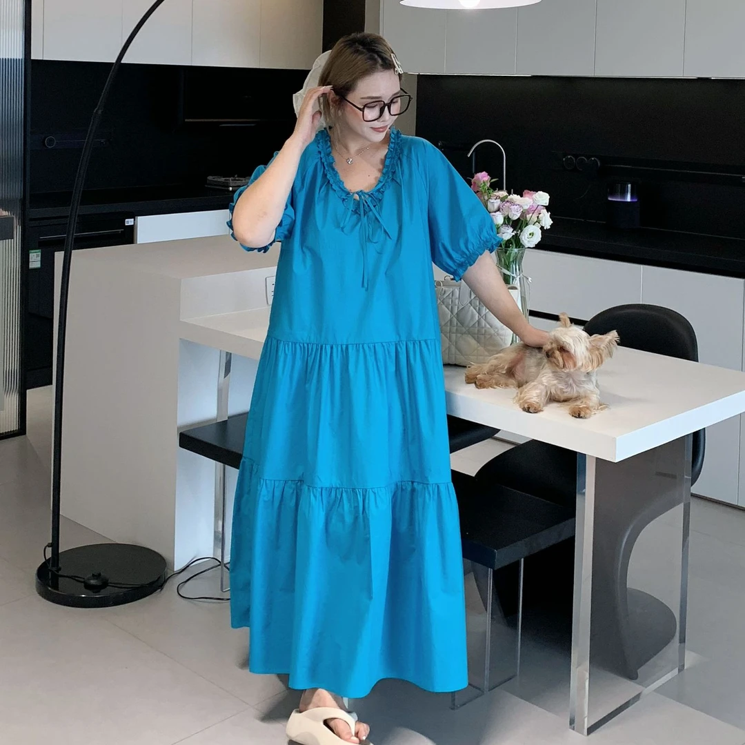 媛子大码克莱因蓝洋气连衣裙法式泡泡袖木耳边设计款宽松显瘦女装