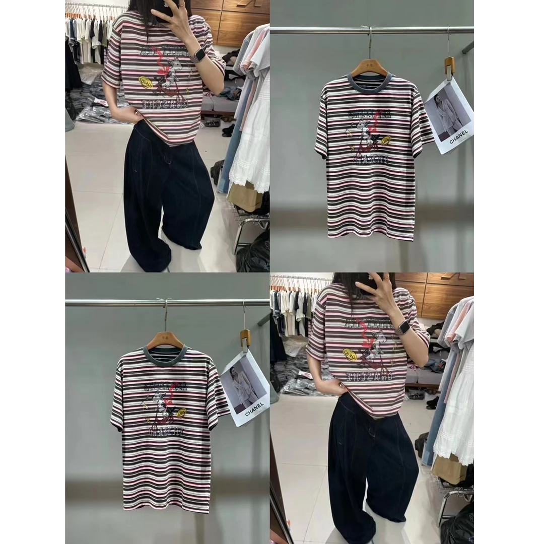 25107 韩系设计感夏季新款卡通印花撞色条纹短袖T恤宽松显瘦