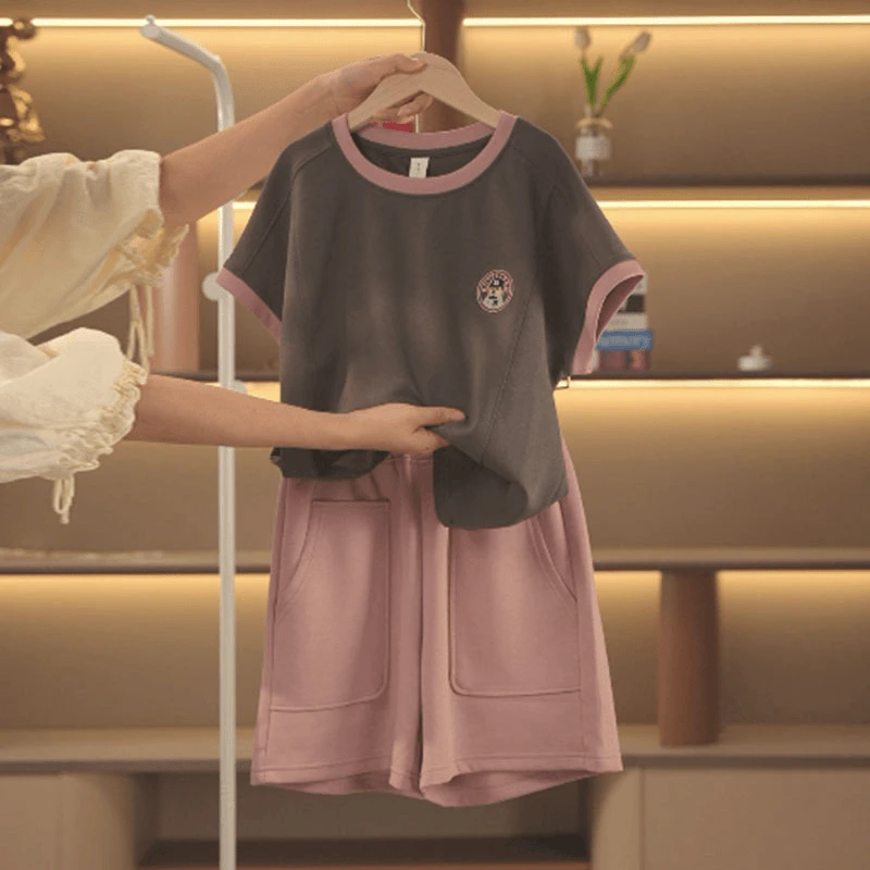2025新夏款女童休闲新款中大童夏款短袖女孩初中生短裤套装亲子装