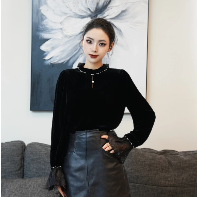 POPULARYW【云絮浮梦】千金风小立领背后镂空蕾丝拼接真丝丝绒上衣