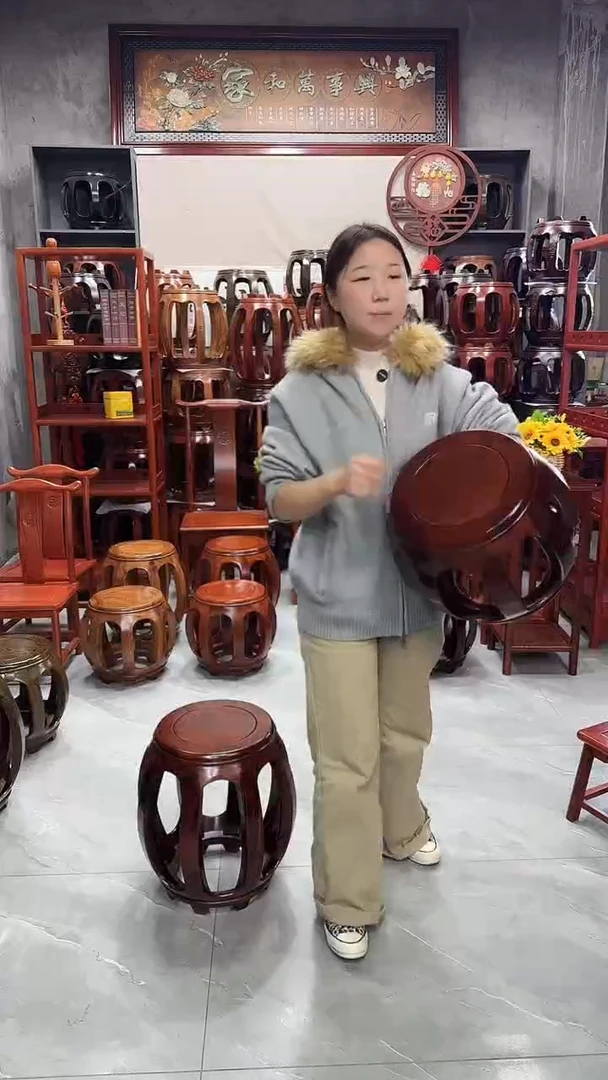 花梨木类家具胡桃色小号鼓凳一对（两条）