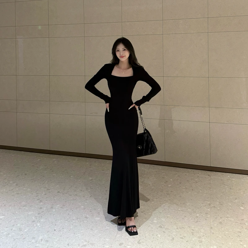 秋冬法式方领连衣裙性感气质长袖时尚鱼尾裙后妈收腰长裙