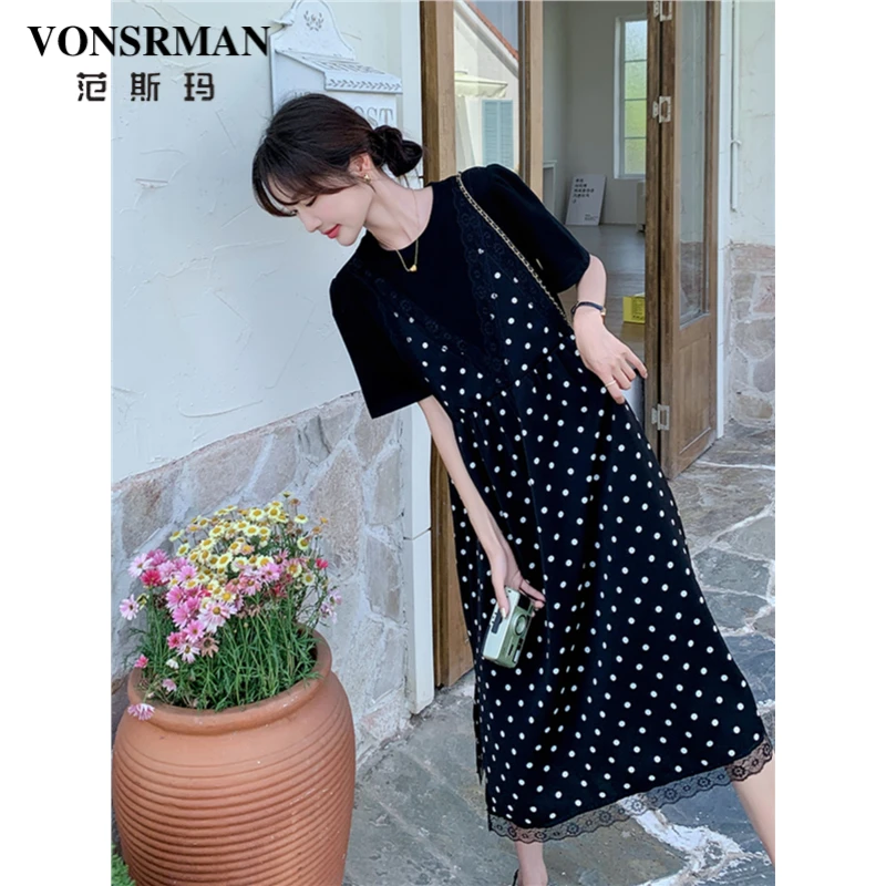 黑色波点拼接假两件连衣裙女2025年夏季新款今年流行超好看长裙子
