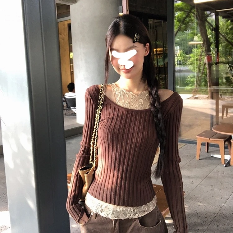 红人馆毛衣女秋冬慵懒高级感修身上衣减龄咖色针织衫