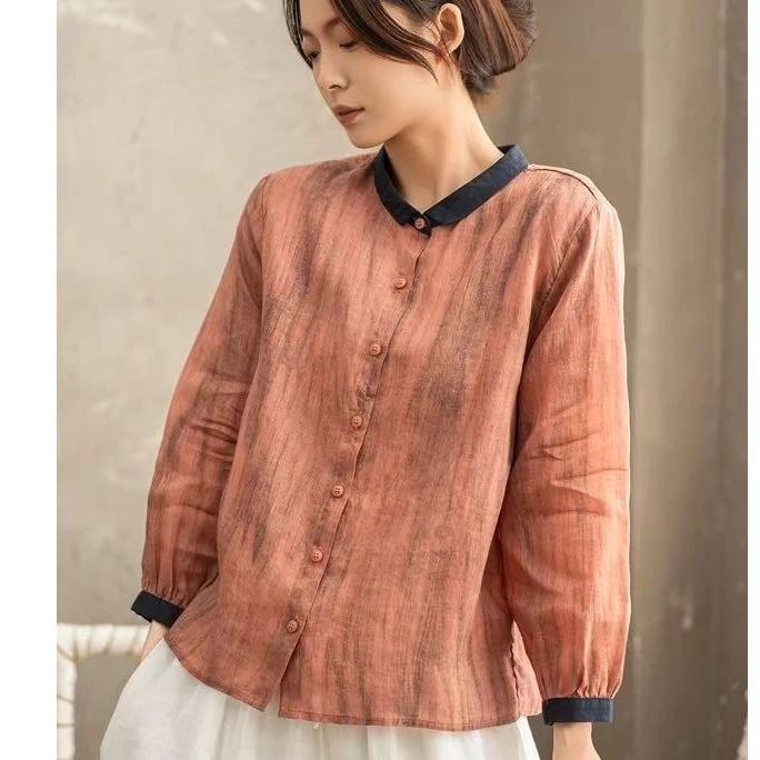 素雅春季新款拼接撞色扎染单排扣翻领轻薄透气文艺复古苎麻小衫