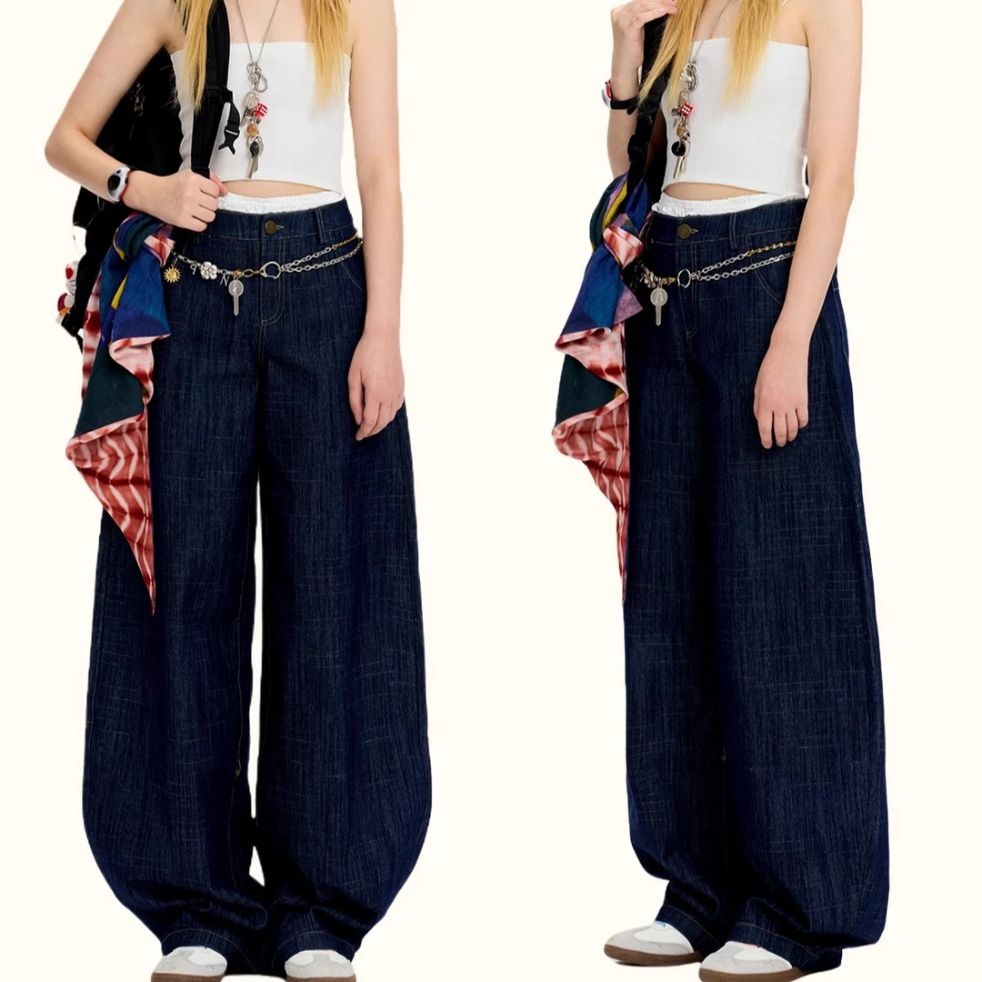 【奥体自播】Oinkoink 复古深蓝色弯刀裤女百搭阔腿休闲牛仔裤女