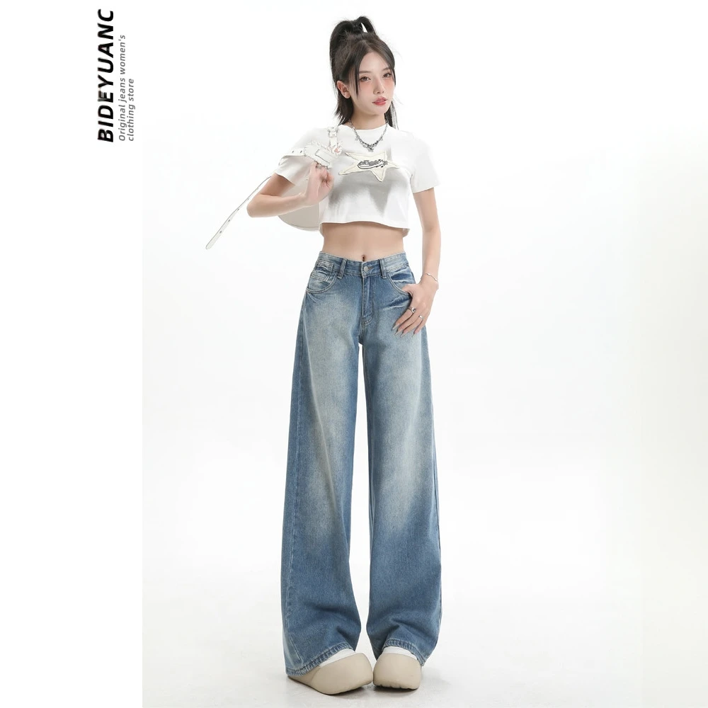 美式复古阔腿牛仔裤女2025年夏季新款小众低腰水洗百搭垂感直筒裤