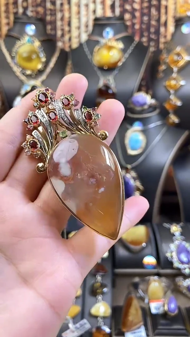 玛瑙/玉髓颈饰银S925镶嵌樱花玛瑙吊坠