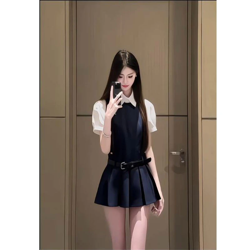 甜美学院风套装女夏季百搭白色短袖衬衫收腰显瘦百褶连衣裙两件套