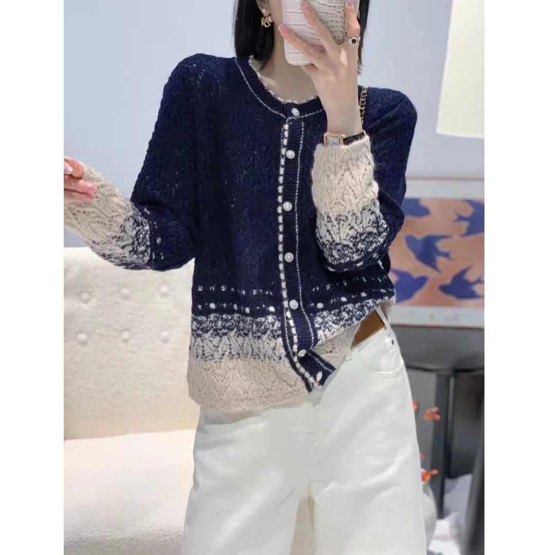 雪花镂空开衫」重工高质感！宽松显瘦星空亮片渐变撞色针织开衫女