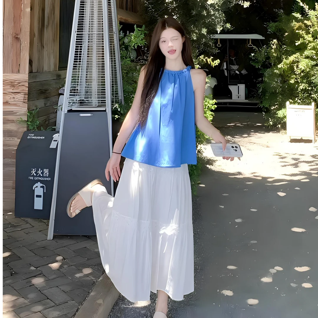 甜美减龄娃娃衫女2025夏季新款克莱因蓝挂脖小众宽松无袖衬衫上衣
