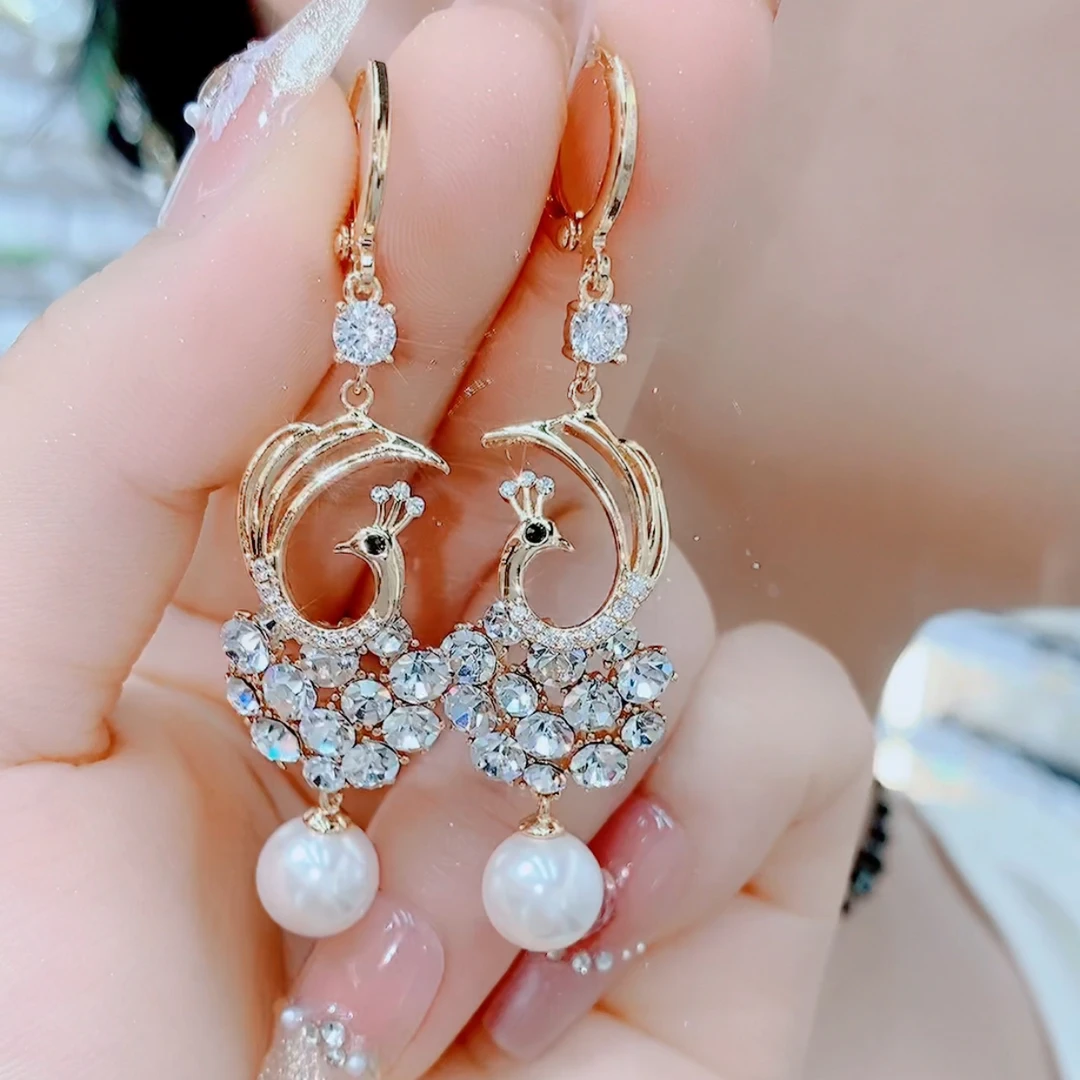 铜合金合成锆石耳饰 987时尚简约满钻新中式宫廷古风凤凰耳扣耳环