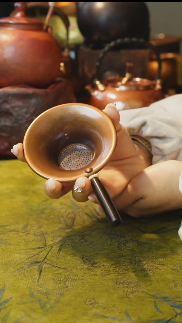 纯紫铜烤色木柄茶漏