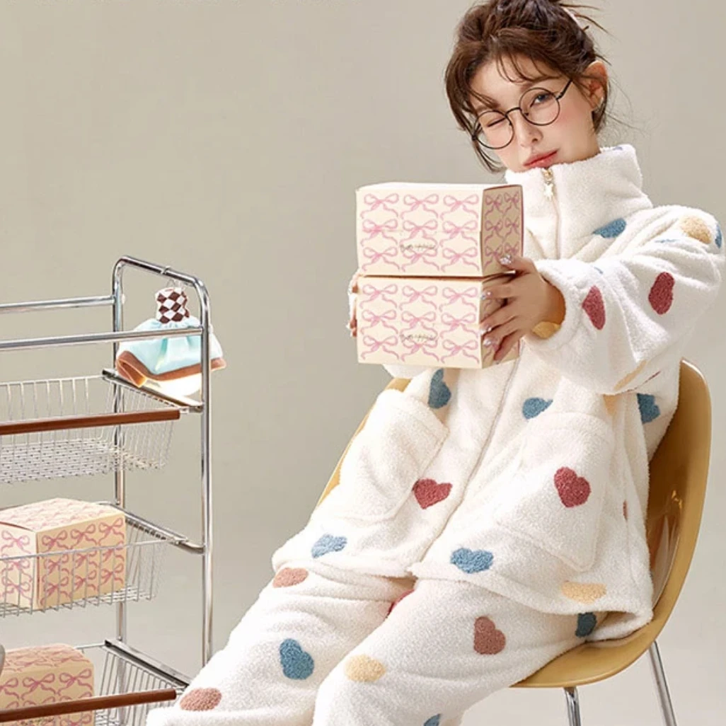 冬季新款半边绒家居服可盐可甜款拉链款洋气百搭款