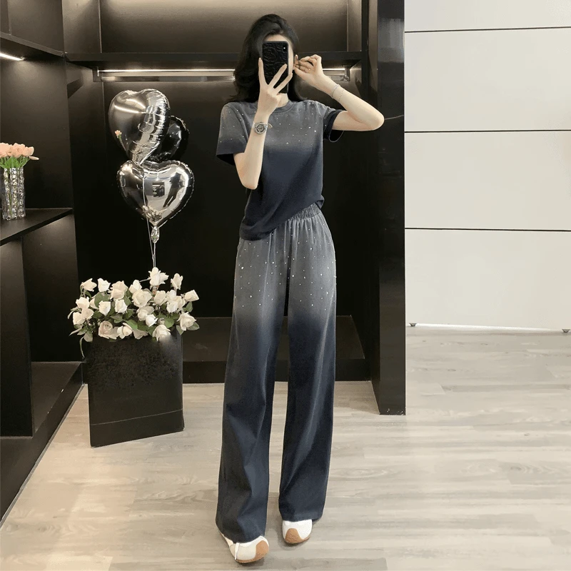 阔腿裤渐变短袖运动风套装女夏2025韩版潮洋气时尚两件套减龄宽松