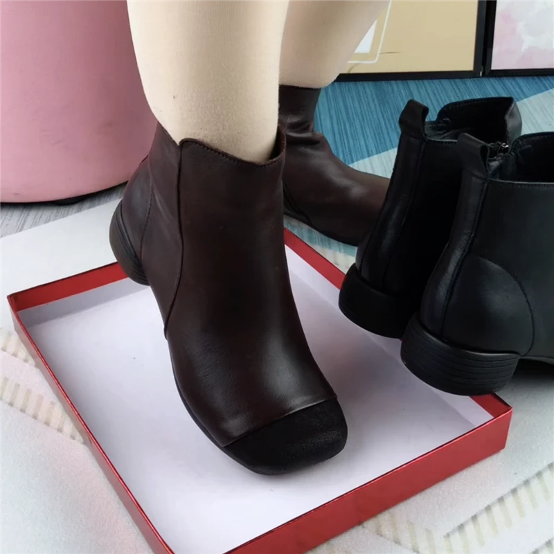 短靴女真皮平底圆头靴子女休闲棉鞋女冬加绒轻便舒适软底马丁靴女