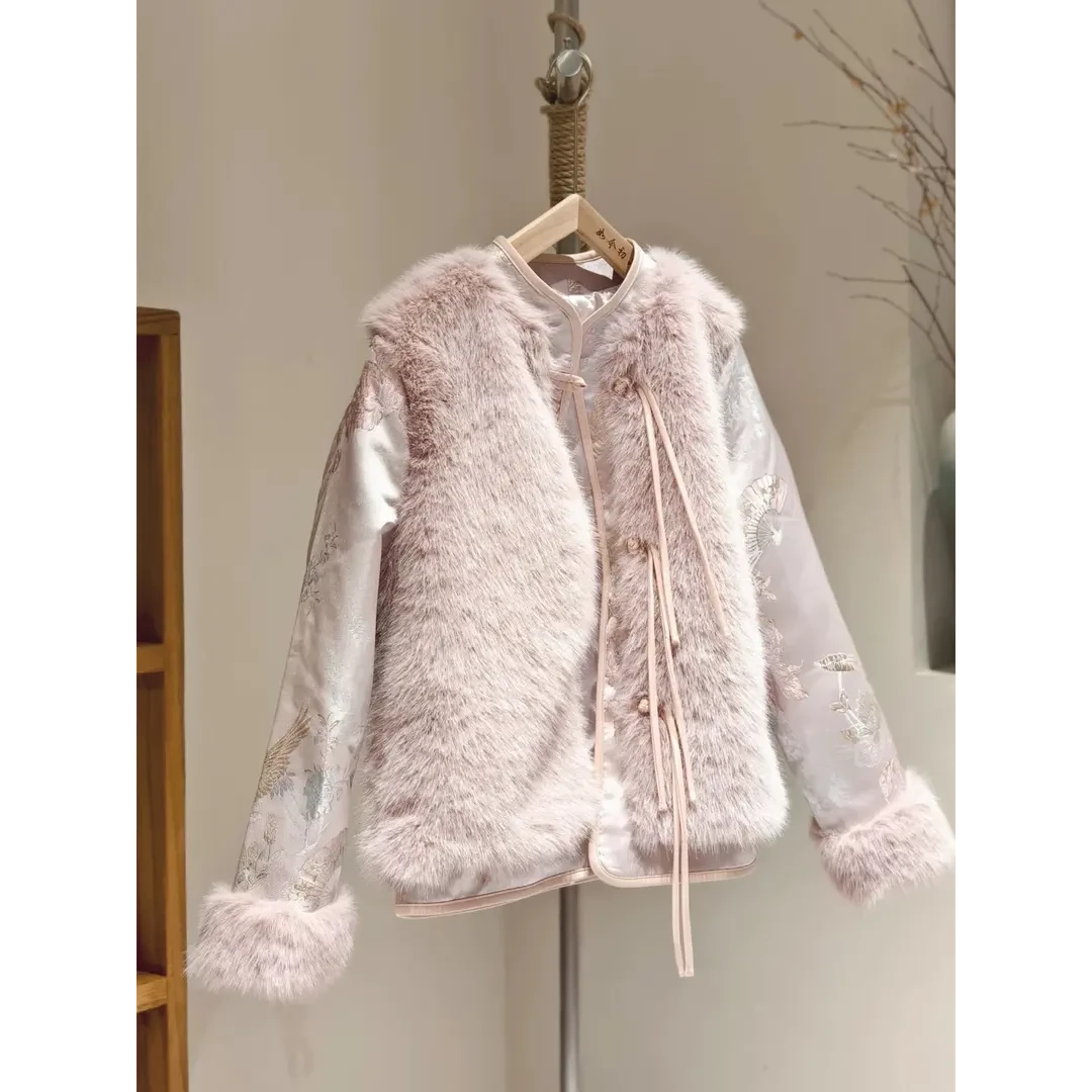 新年战袍新中式盘扣棉服女冬季新款粉色轻国风小夹棉袄毛毛外套潮