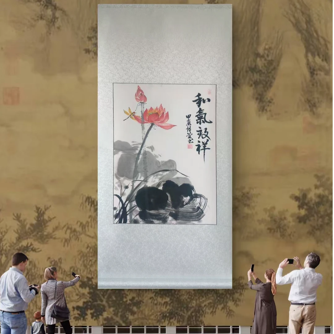 【荷花】怿萱老师亲笔手绘手写作品+卷轴成品134*59mm