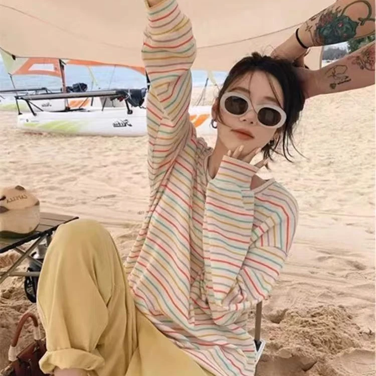 YD-[e*g彩虹条纹]25春季新款糖果彩虹条圆领韩系穿搭女T恤衫