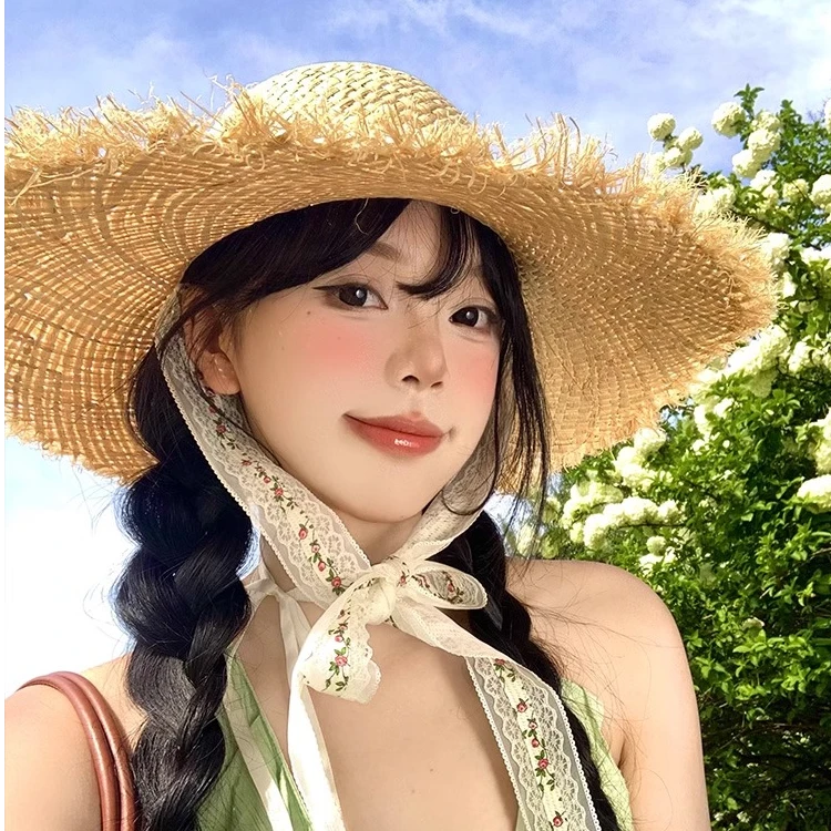 系带拉菲草帽女夏季海边沙滩度假法式太阳帽大帽檐遮阳防晒帽子
