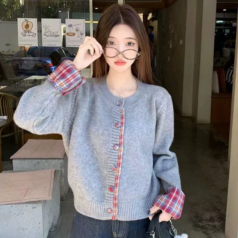 2024秋冬新款宽松时尚百搭开衫毛衣女小个子穿搭长袖假两件上衣