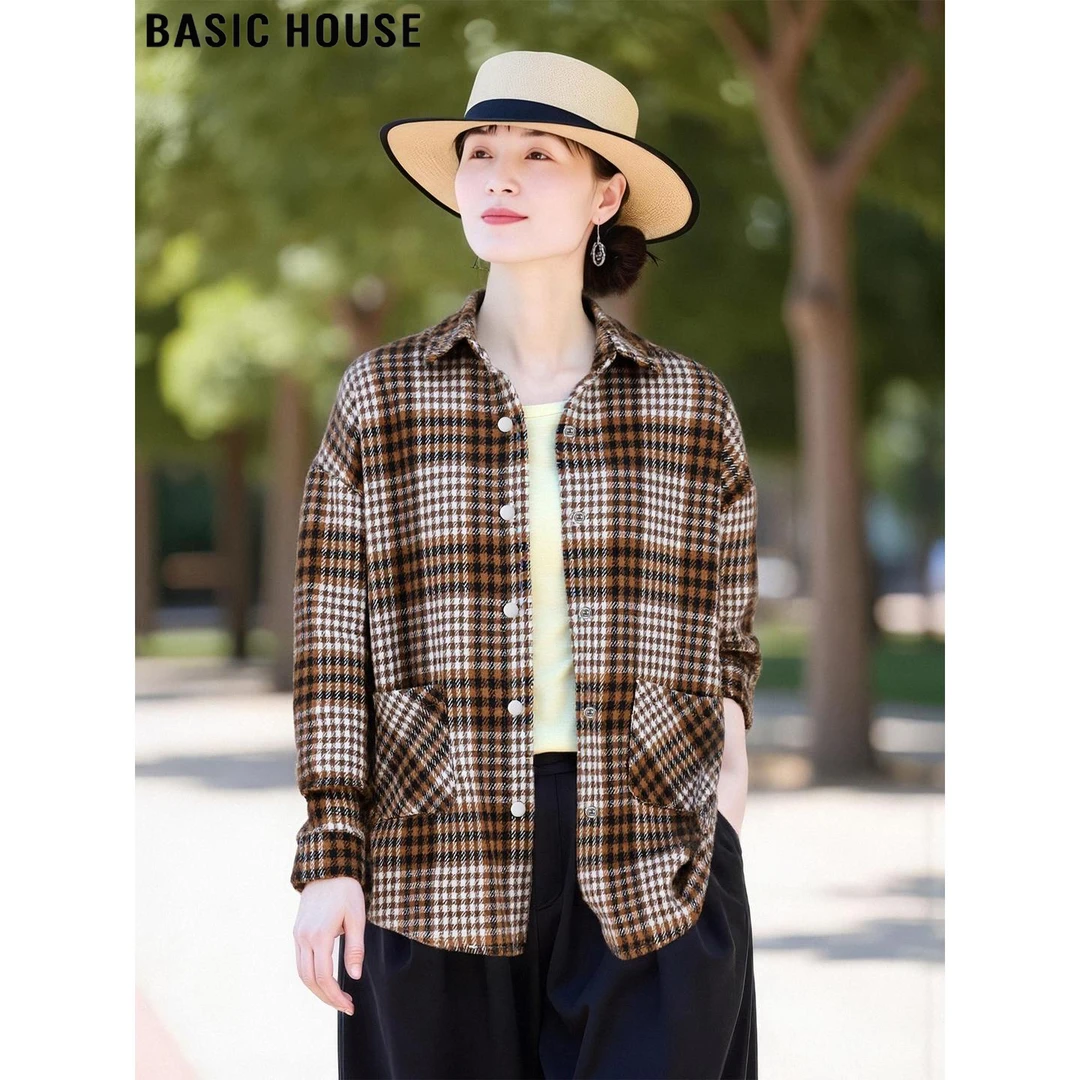 Basic House/百家好复古格子翻领磨毛加厚外套格子女士休闲长衬衫