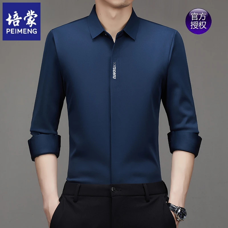 培蒙高档冰丝长袖衬衫男士春秋季纯色无痕免烫轻奢品质衬衣男百搭
