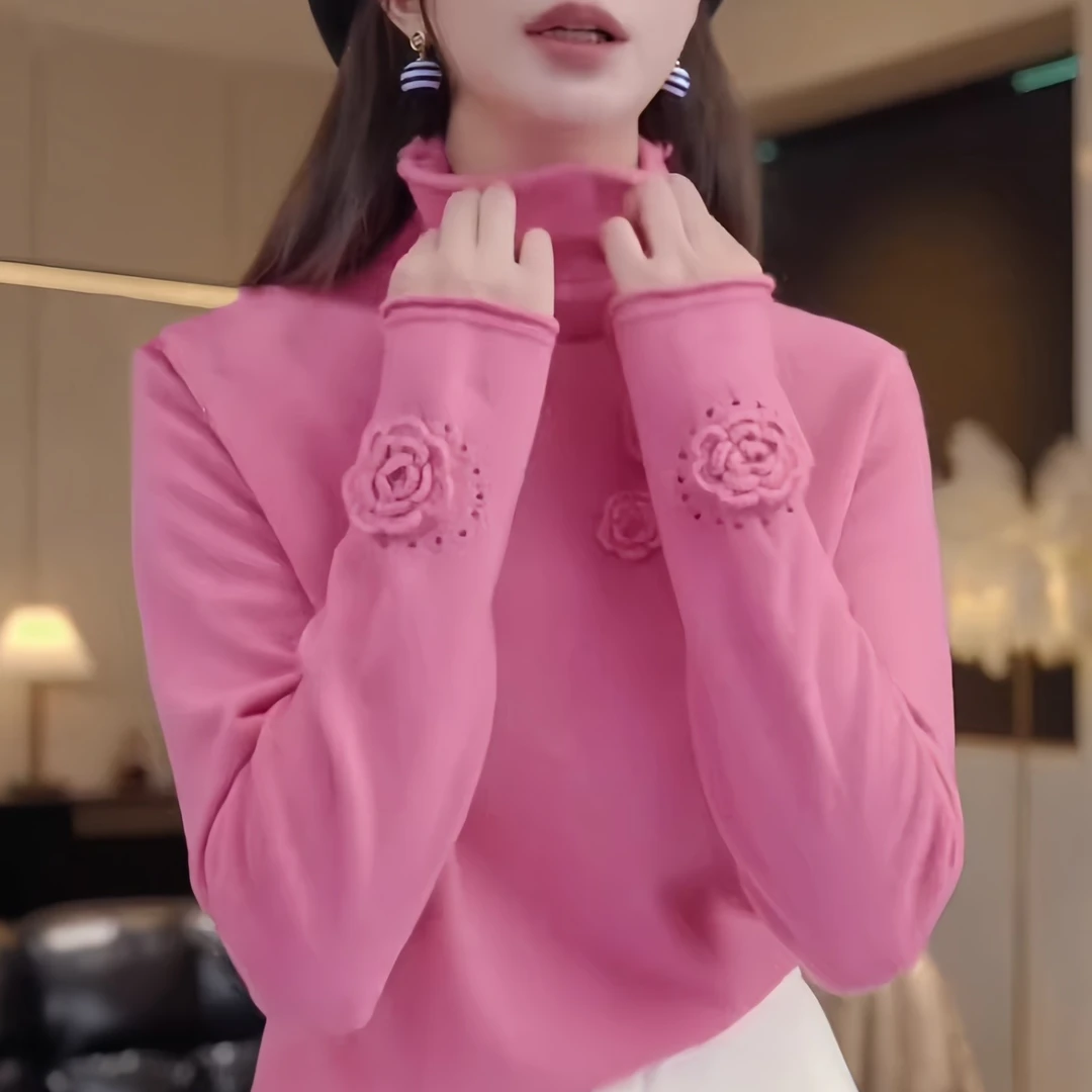松弛感慵懒风立体花朵半高领针织衫秋季新款胖MM显瘦减龄长袖上衣