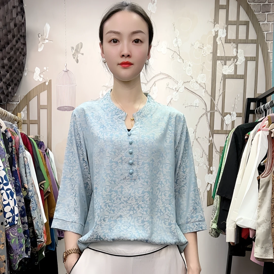 新品中袖女装圆领小衫女士时尚显瘦洋气盘扣U型领