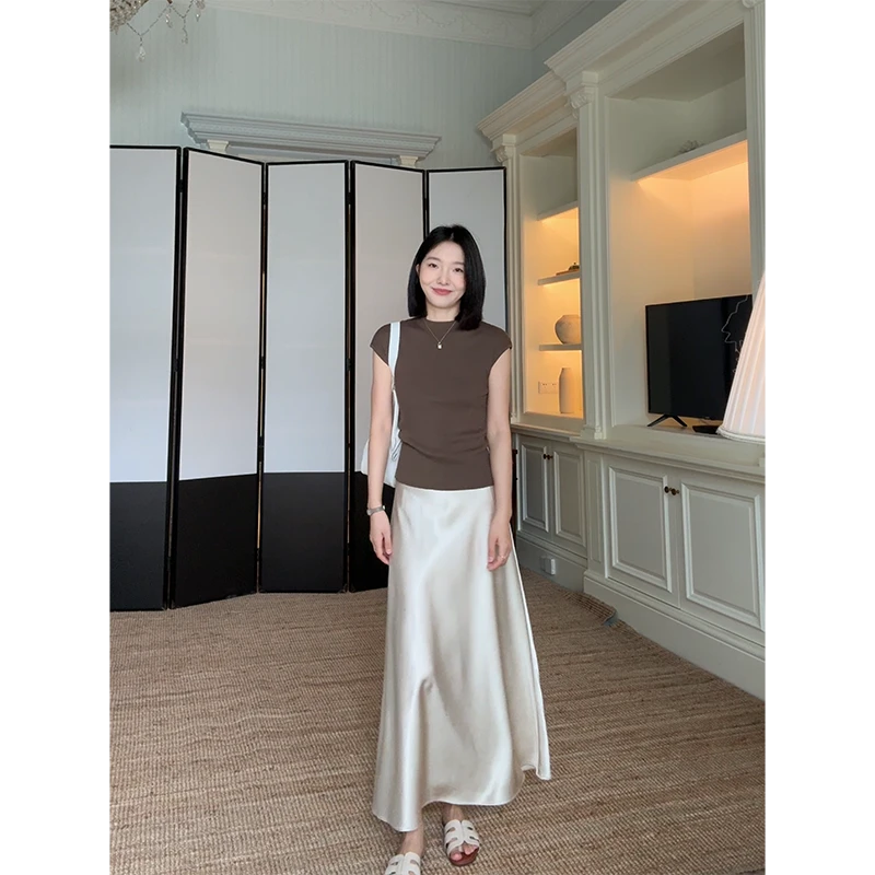 郭九九呢 桑蚕丝羊毛显瘦短袖缎面斜裁半身裙 G924A02844-1