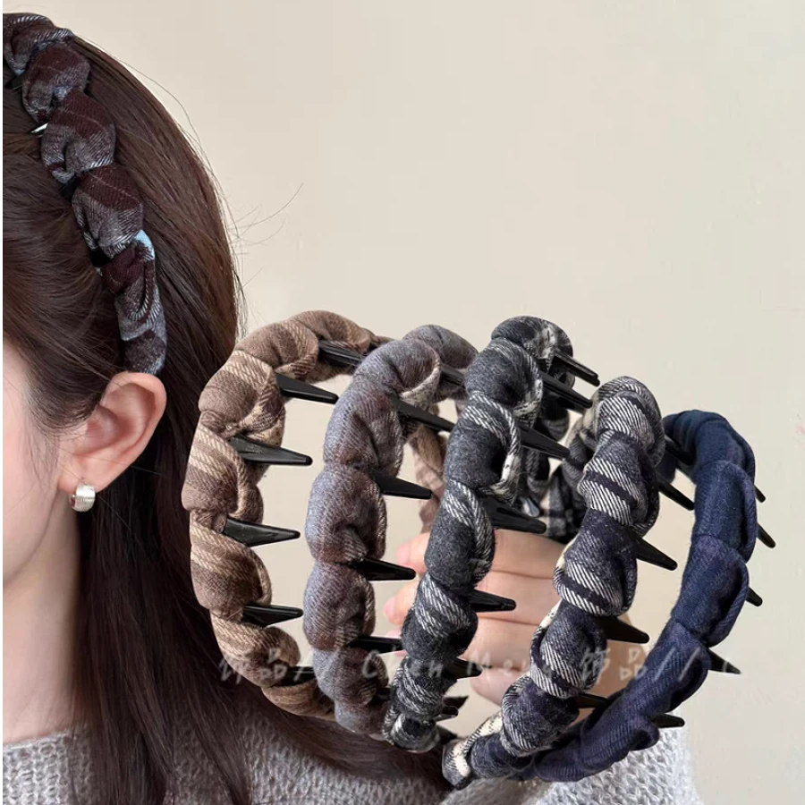 复古格子布艺缠绕带齿防滑倒梳发箍爆款洋气女2025新款高颅顶头箍