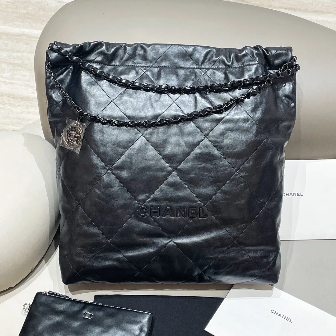 99新 Chanel/香奈儿 22bag so black纯黑款垃圾袋/7YH31110
