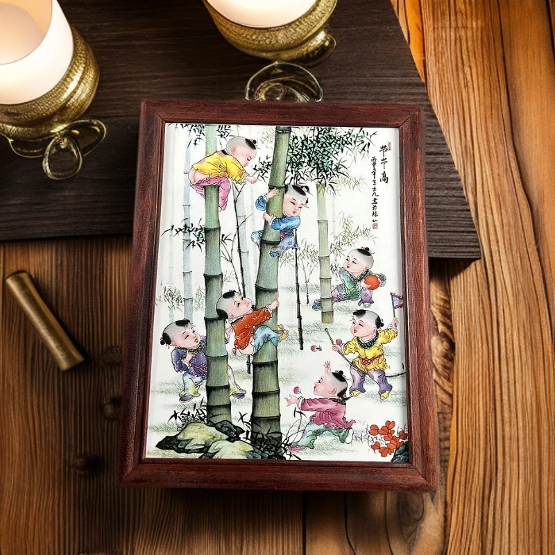 景德镇陶瓷瓷板人物童子节节高实木边框37*28cm