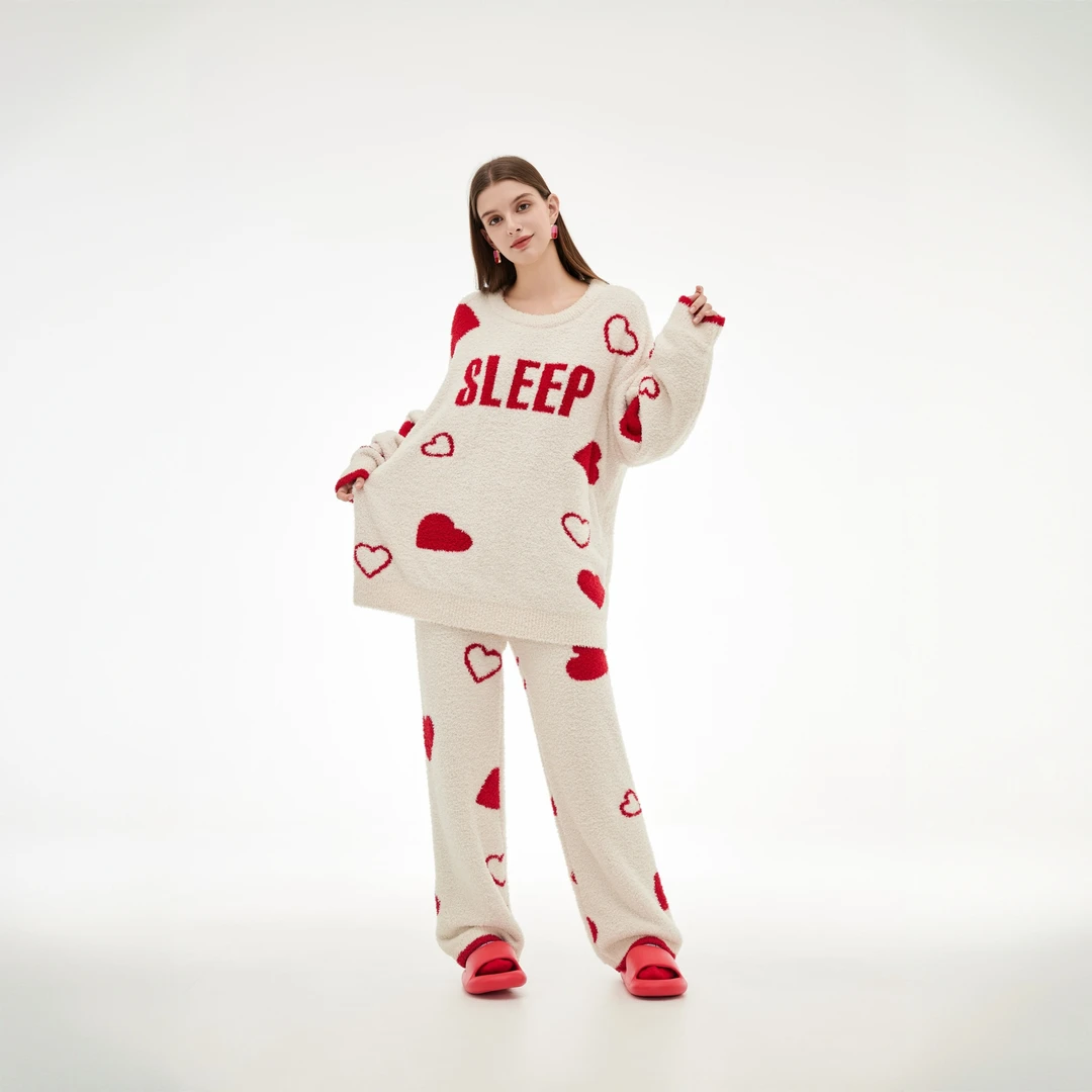 【妍凯琳】半边绒SLEEP圆领加厚睡衣家居服套装秋冬季甜美可爱风
