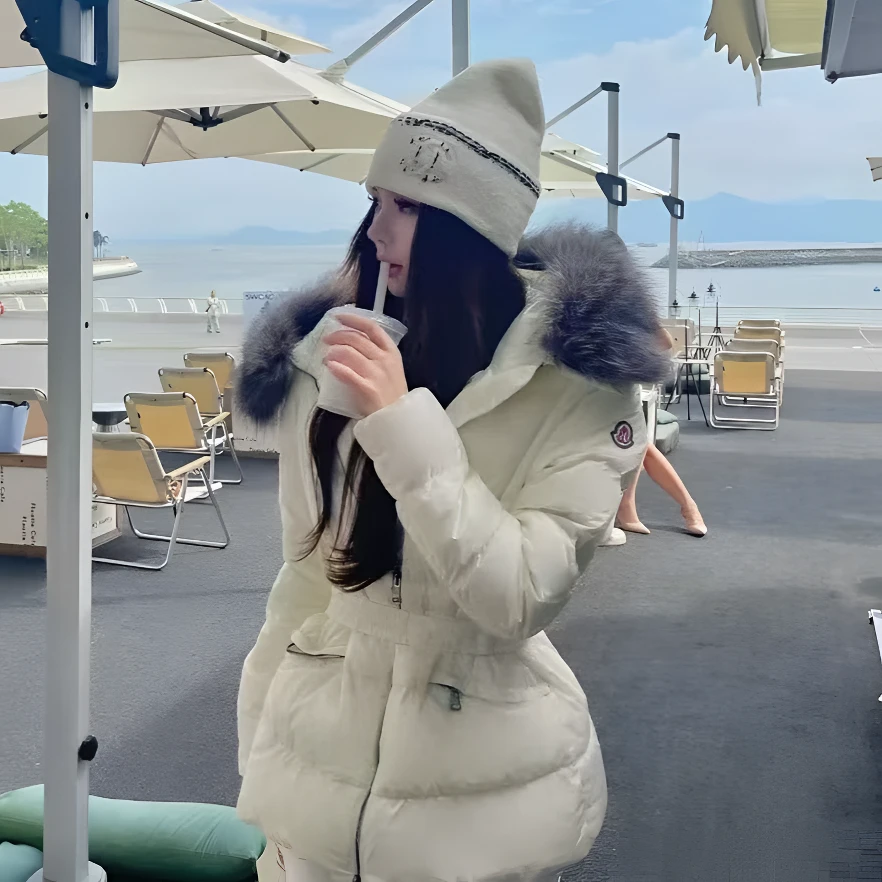 腰带收腰超大毛领羽绒服女短款修身显瘦口袋反季清仓冬季外套