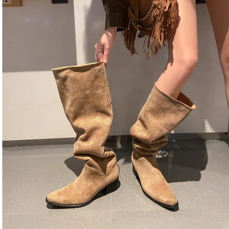 YUGE显瘦堆堆靴西部牛仔靴女夏天靴子美拉德长靴高筒骑士靴4.5cm