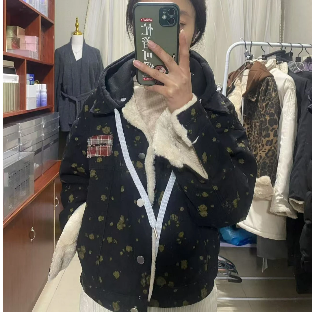 加绒短款牛仔衣百搭冬季加厚