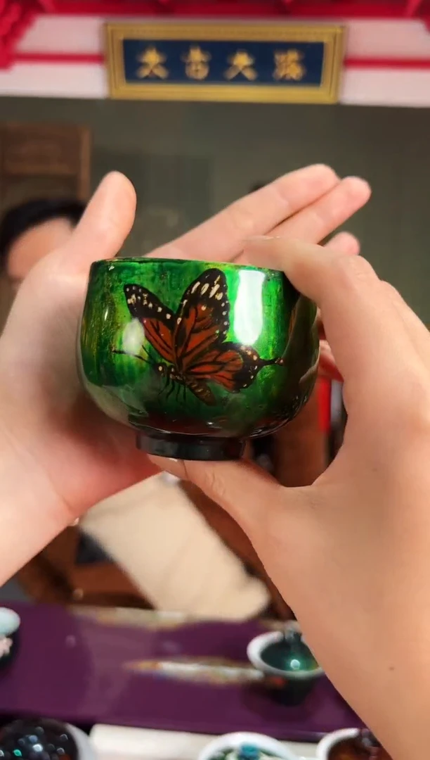 极光绿手绘蝴蝶主人杯（礼物）-太古大漆