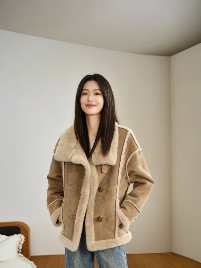 【大眼妹儿专属】冬季单品拼接翻领皮毛一体外套不挑人宽松版型上衣