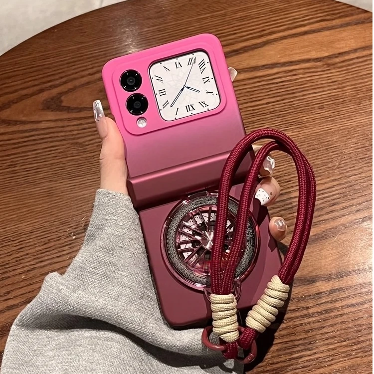 适用华为novaflip手机壳折叠屏粉拼酒红旋转轮旋支架磨砂女保护套