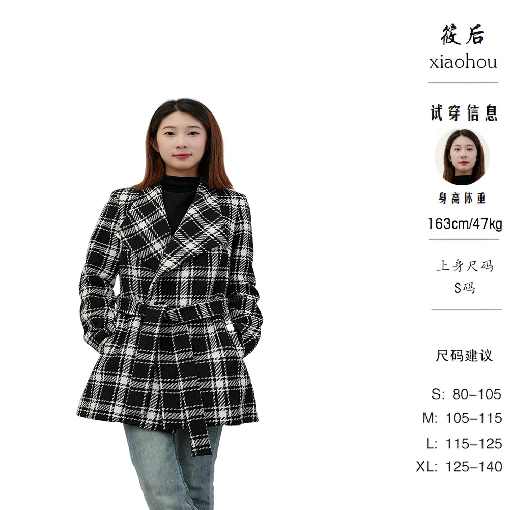【XIAOHOU】黑白格子春款风衣外套粗花呢中长款外套气质百搭W24-08
