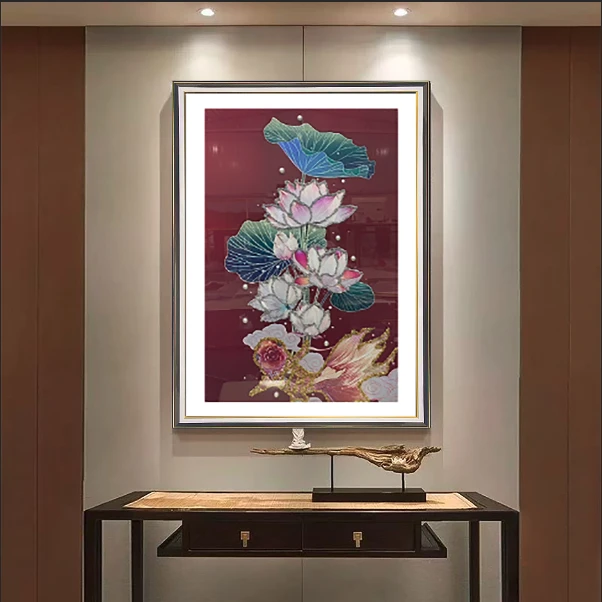 a11荷花锦鲤餐厅装饰画背景墙挂画饭厅玄关过道餐厅现代玻璃画