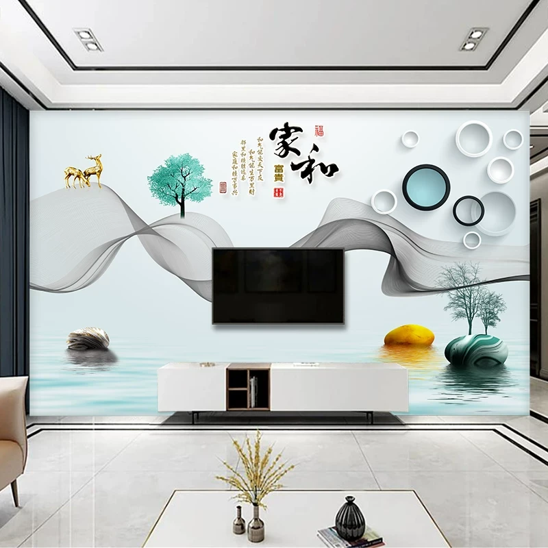 定制电视背景墙壁布3D立体山水画新中式墙纸客厅8D影视墙装饰壁画