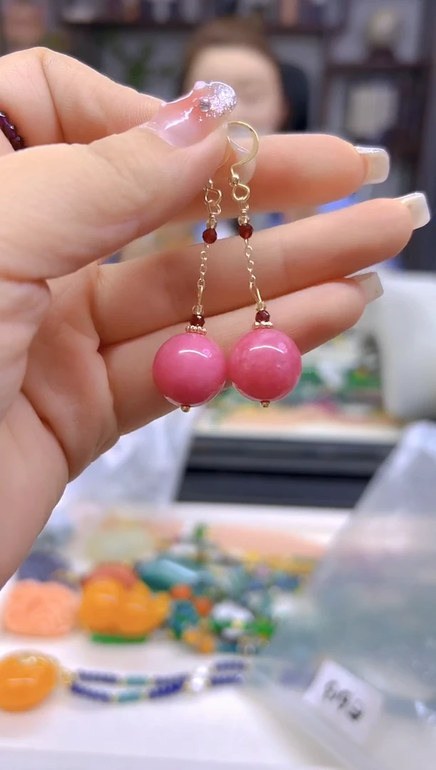 菱锰矿（红纹石）14K金镶嵌耳饰DIY款E613