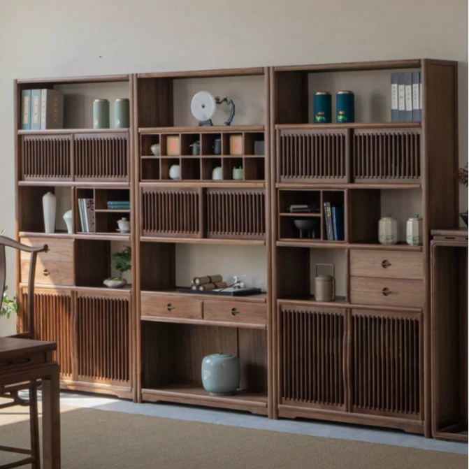 老榆木新中式书架简约禅意书柜书房落地客厅办公室胡桃色