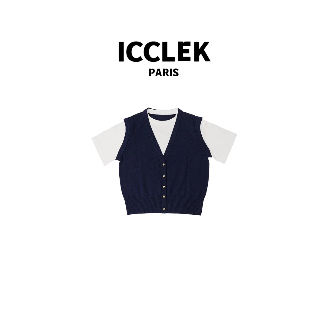 ICCLEK 白色藏青色撞色短袖两件套针织衫 百搭 时尚 -1152