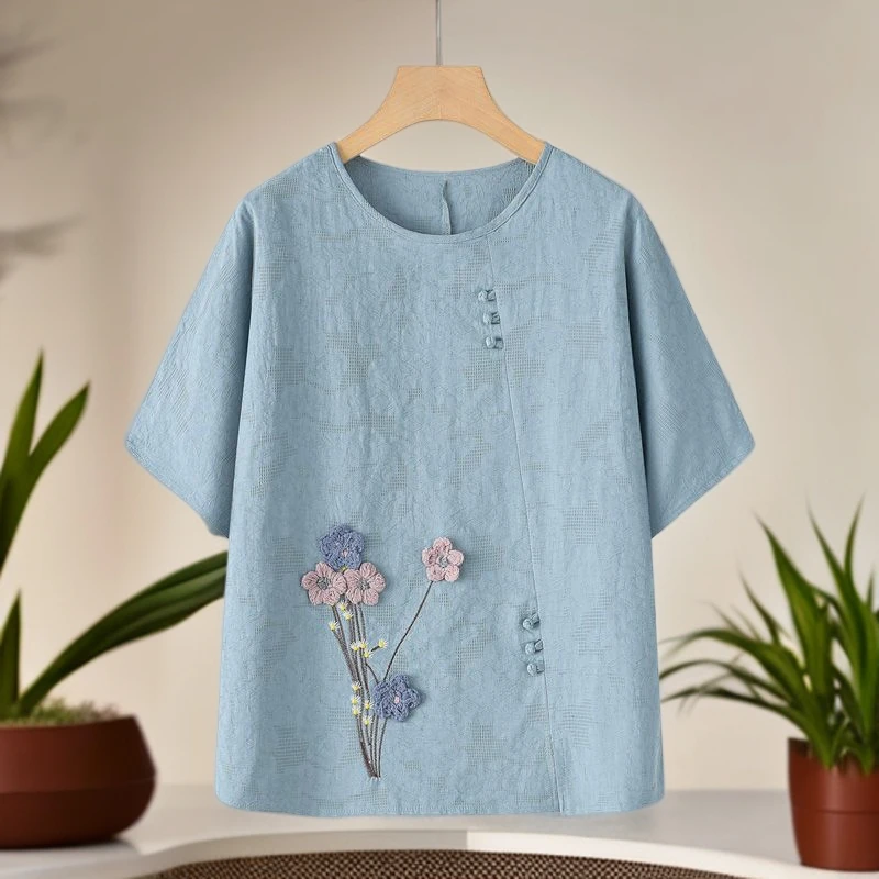 复古中老年人夏装女奶奶短袖棉麻t恤妈妈夏季60岁70老人太太衣服