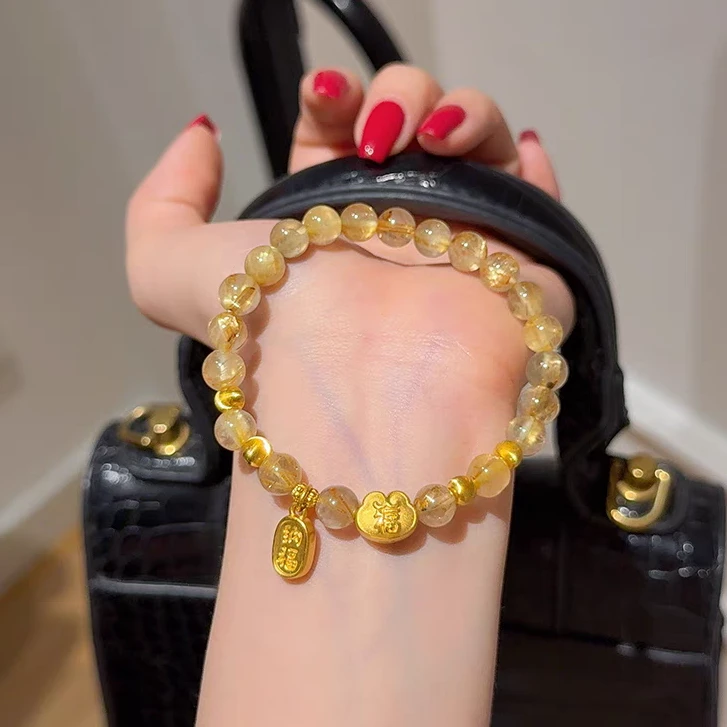瑞诺黄金祥云福袋金发.晶手链足金999猫眼转运珠手串礼物送女友