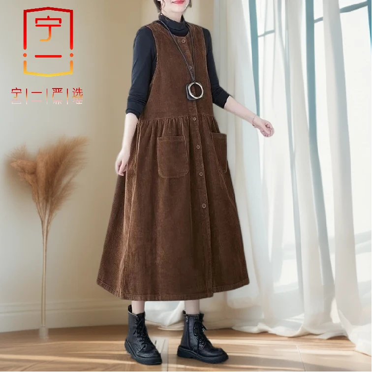 【宁一女装】春秋复古水洗棉大码灯芯绒背带裙单排扣无袖背心连衣裙