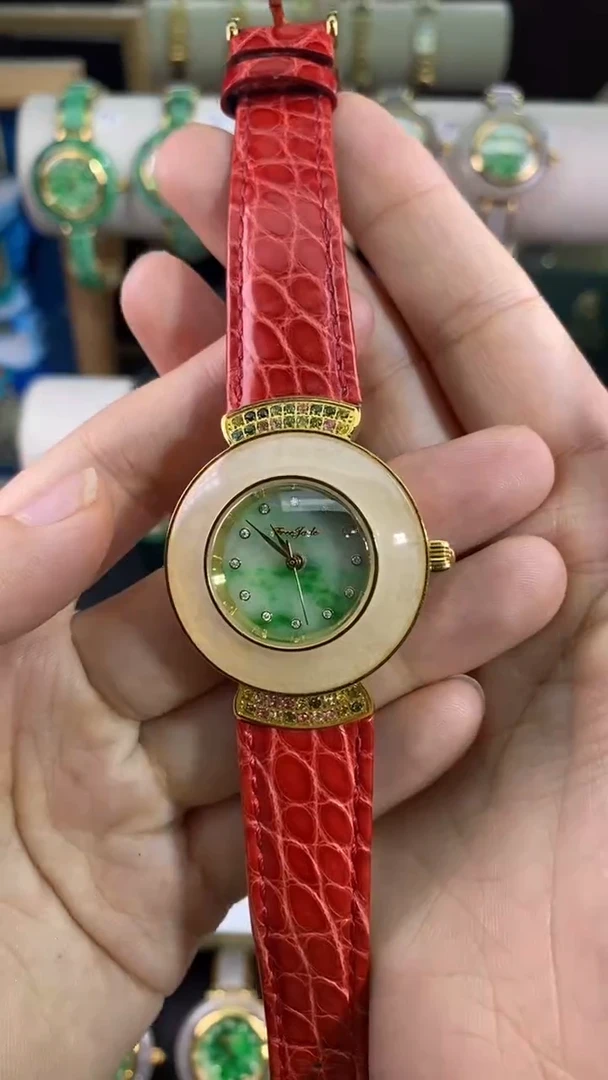 石英机芯精钢鳄鱼皮大*珠翡翠手表